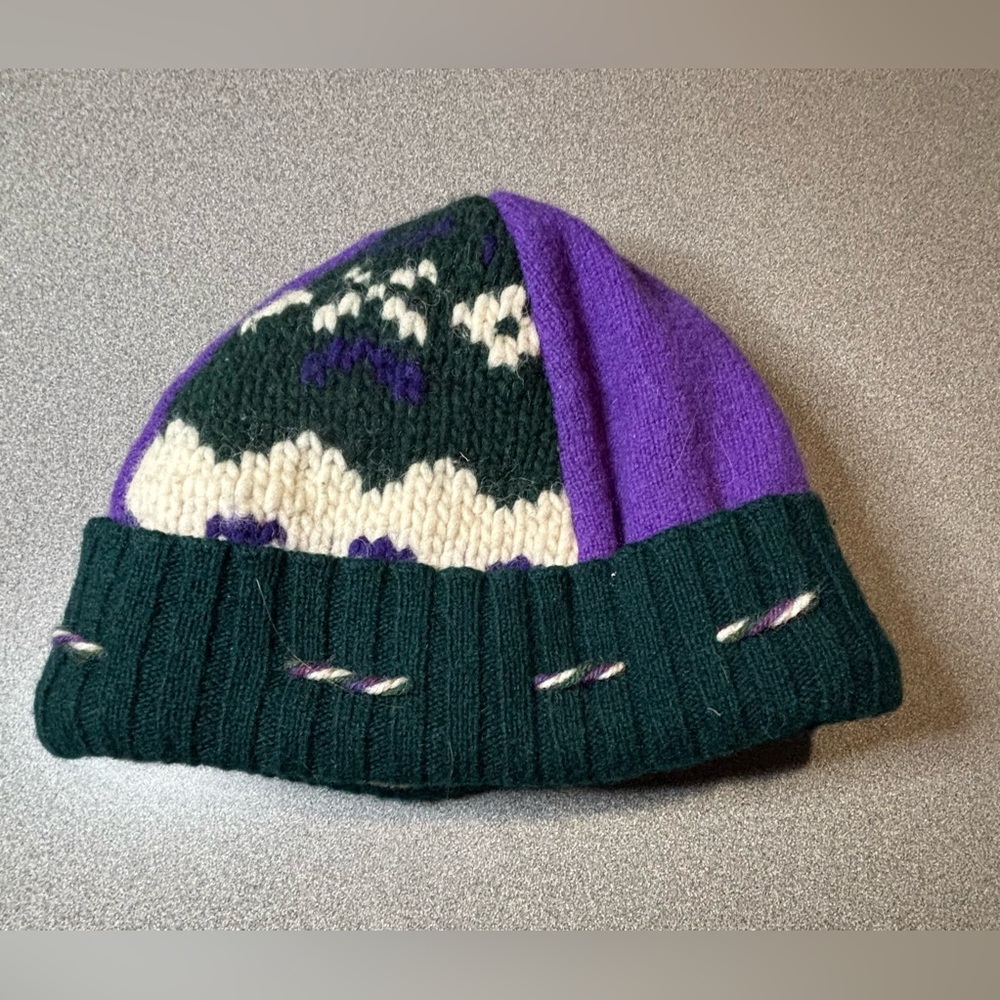 Up cycled ‎ wool beanie hat purple/green Fair Isle pattern.lined. Warm Winter